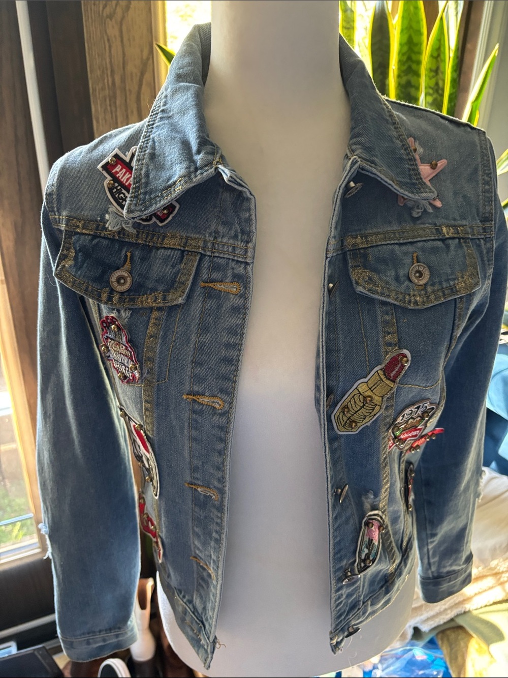 Embroidered Light Blue Denim Jacket with Patch Details Pit- pit 17 inches